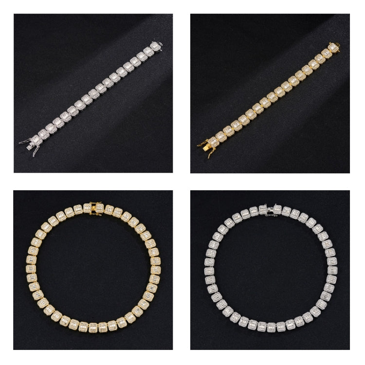 Collage of silver and gold-tone tennis bracelets with square rhinestone links.