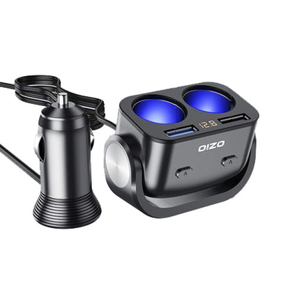 Ozio black car cigarette lighter charger with two blue USB ports and power socket