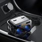 Ozio car charger close-up with dual blue USB ports, LED display, and cable connection