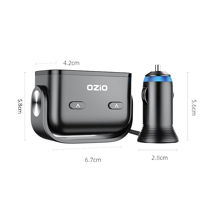 Ozio car charger plug and compact dual-USB splitter, black metal with blue ports
