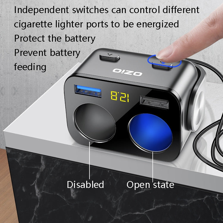 Ozio dual-USB car charger with two blue ports and rocker switches, handheld control