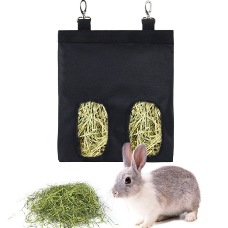 Black hanging hay storage bag with two rectangular mesh hay windows and metal hooks