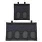 Set of black hanging hay storage bags showing two- and four-pocket designs with hooks