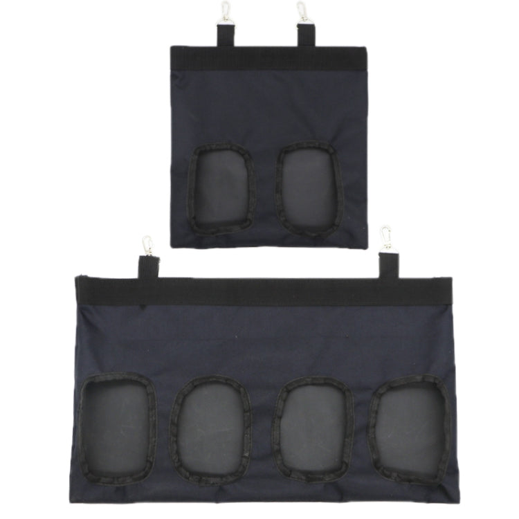 Set of black hanging hay storage bags showing two- and four-pocket designs with hooks