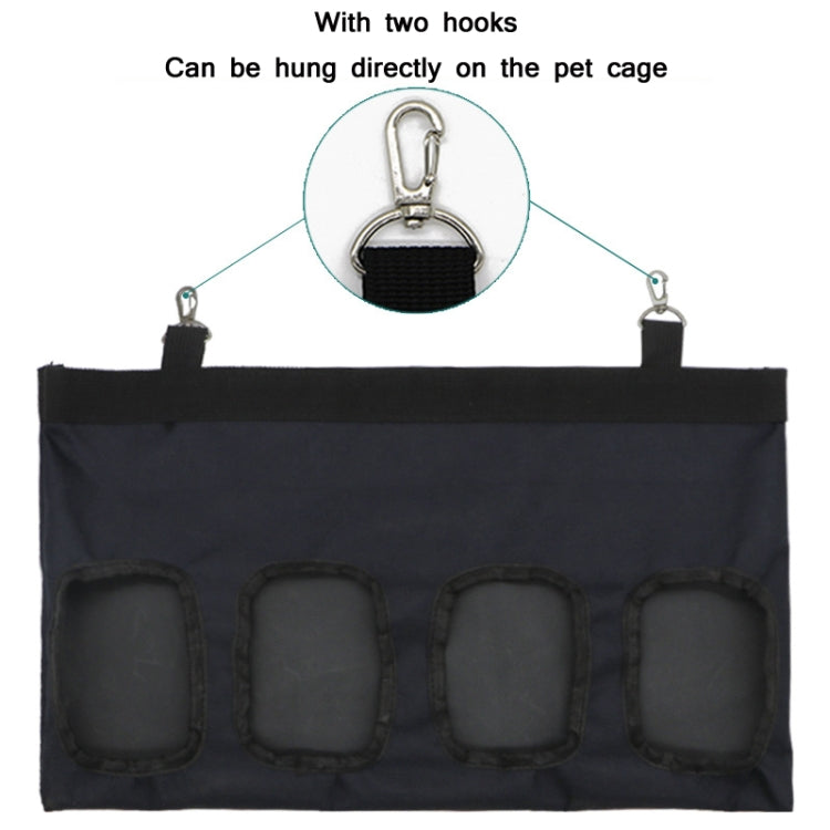 Black hay storage bag with four stitched pocket openings and two metal hooks