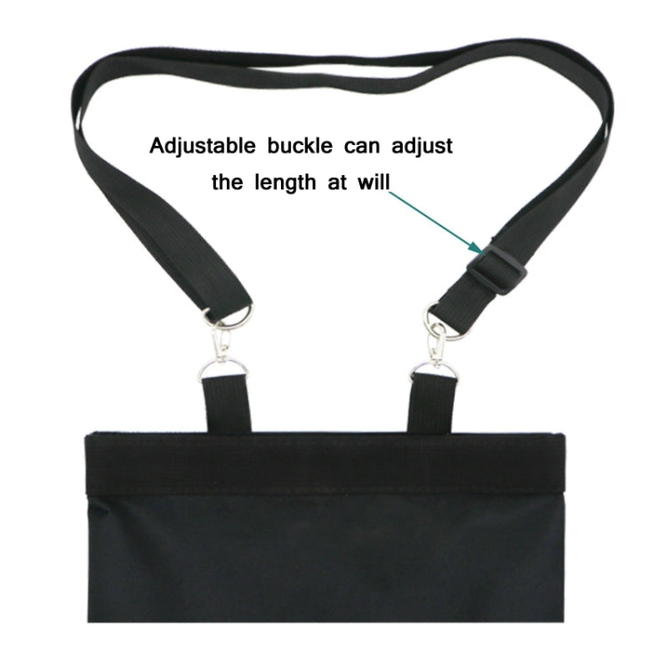 Black hanging hay storage bag with adjustable strap and metal hanging hooks