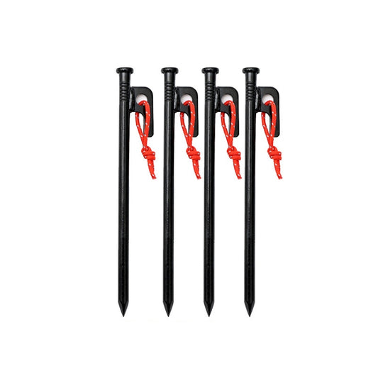 Camping ground nails set of 4, black stakes with red hook straps