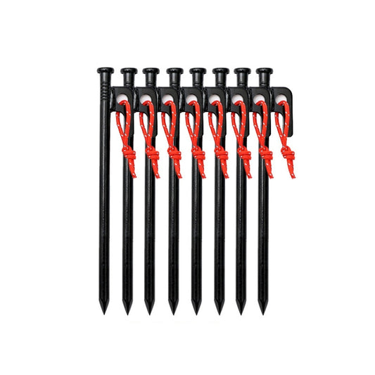 Camping ground nails set of 8, black stakes with red hook straps