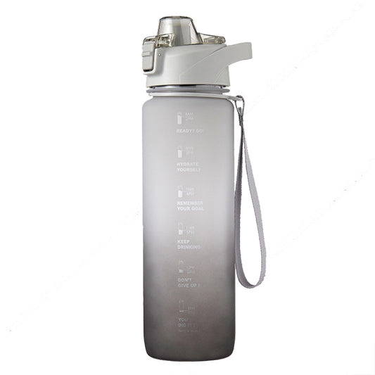 Silver gray gradient sports water bottle with flip spout and wrist strap