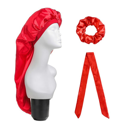 3-piece satin hair turban set with long cap, scrunchie ring, and ribbon bows, red