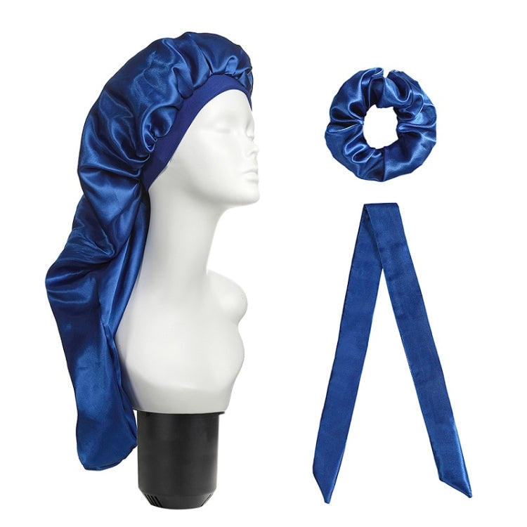 3-piece satin hair turban set with long cap, scrunchie ring, and ribbon bows, royal blue