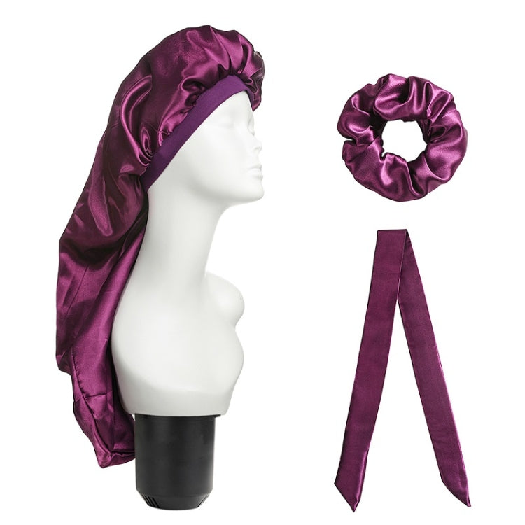 3-piece satin hair turban set with long cap, scrunchie ring, and ribbon bows, deep purple
