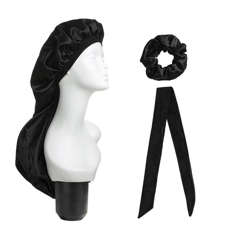 3-piece satin hair turban set with long cap, scrunchie ring, and ribbon bows, black