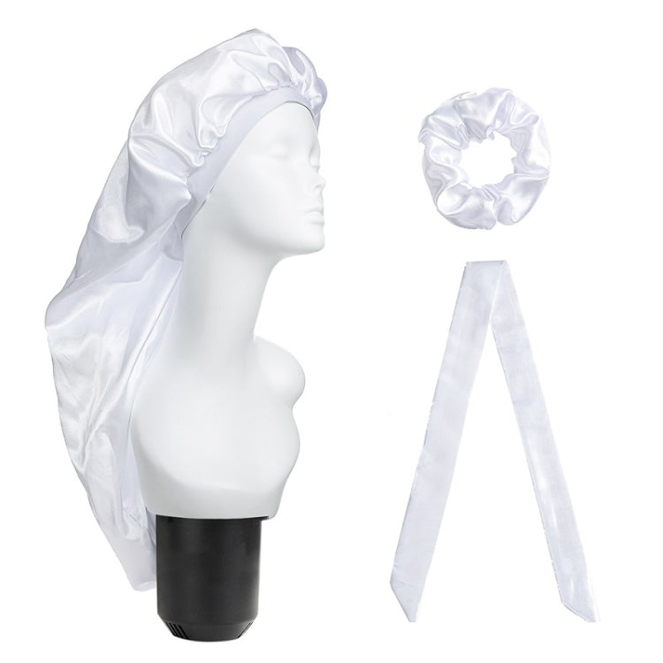 3-piece satin hair turban set with long cap, scrunchie ring, and ribbon bows, white