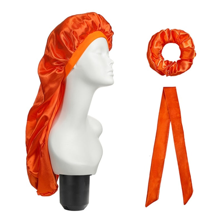 3-piece satin hair turban set with long cap, scrunchie ring, and ribbon bows, orange