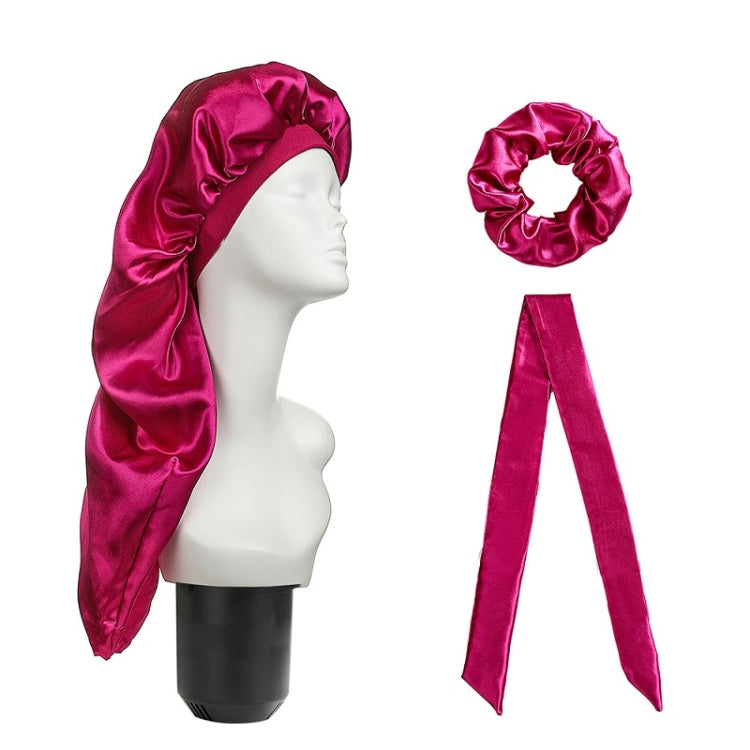 3-piece satin hair turban set with long cap, scrunchie ring, and ribbon bows, magenta