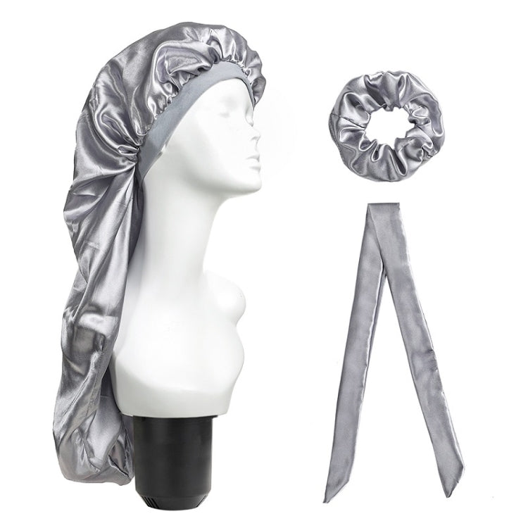 3-piece satin hair turban set with long cap, scrunchie ring, and ribbon bows, silver gray