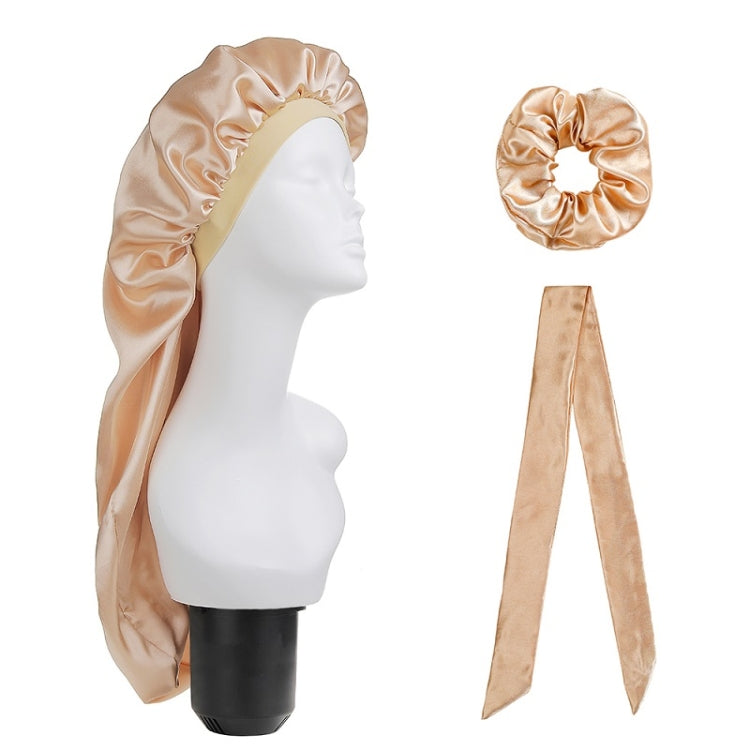 3-piece satin hair turban set with long cap, scrunchie ring, and ribbon bows, champagne beige