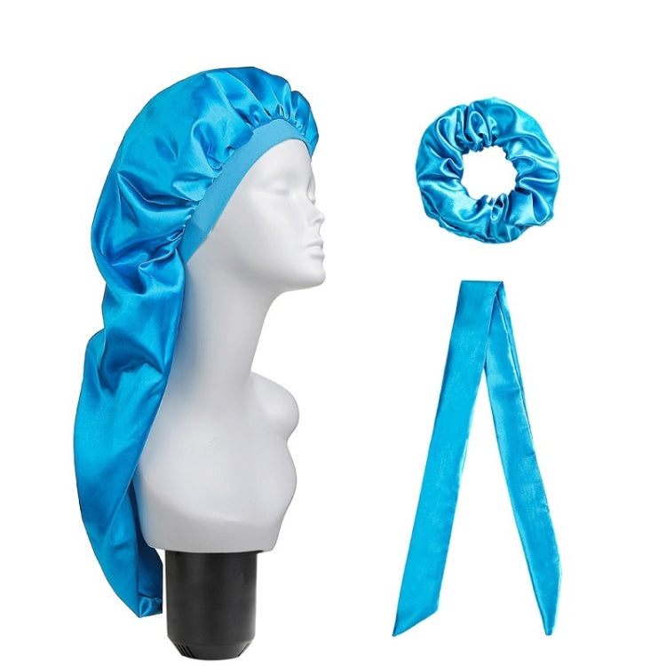 Blue satin long hair cap with scrunchie ring and long tie ribbons