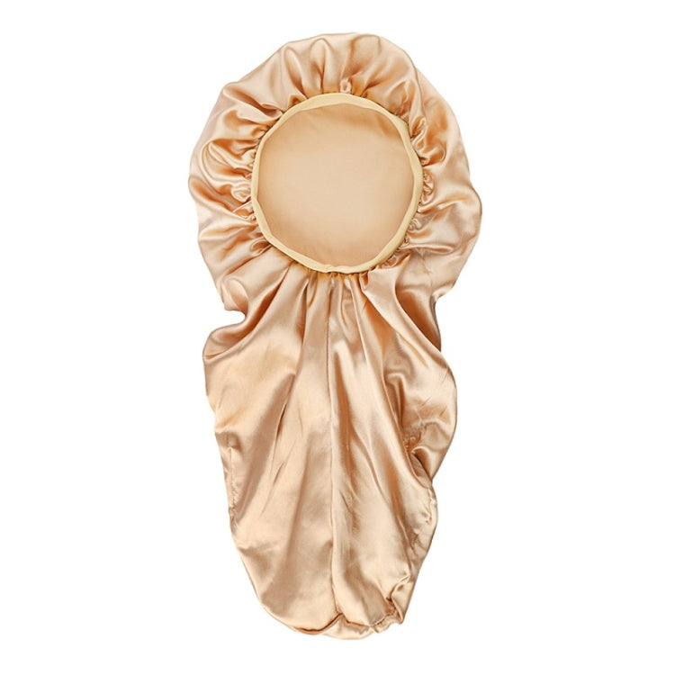 Beige satin turban-style hair cover with circular opening