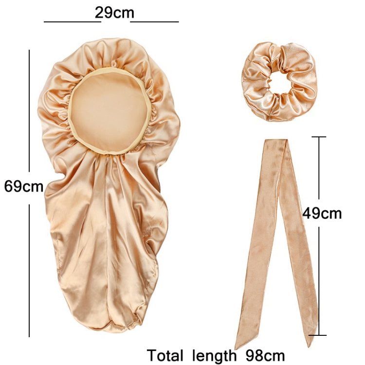 Beige satin turban hair cover size chart: 69cm x 29cm, total length 98cm