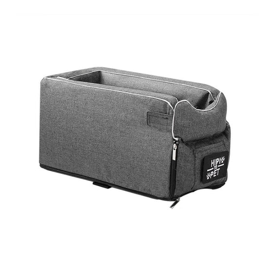 Gray car pet portable bed pad with zip front pocket and carry strap handle