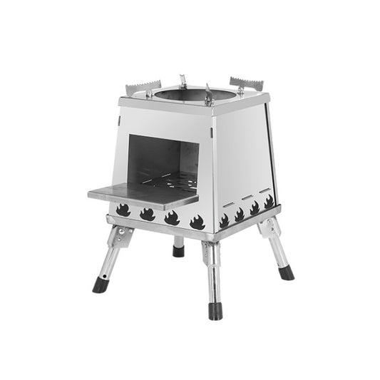 White folding camping wood stove with front fire door and foldable legs