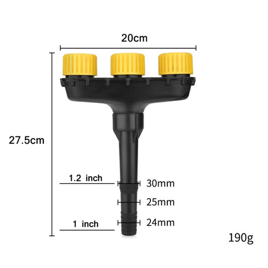 Multi-head garden sprinkler nozzle with black body and three yellow spray heads, size diagram