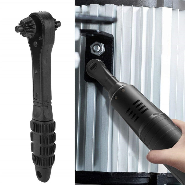 Black 2-in-1 drill chuck key wrench with ridged grip and ratchet head