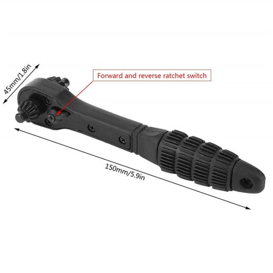 Black drill chuck key wrench with textured grip and ratchet-style end