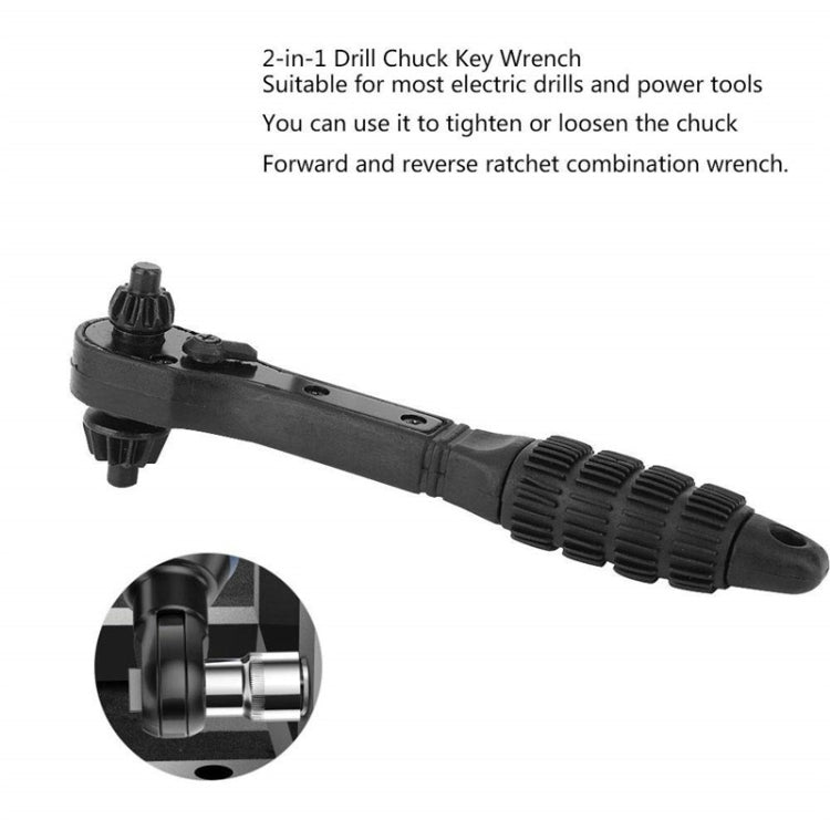 Black 2-in-1 drill chuck key wrench with knurled grip and socket-like head
