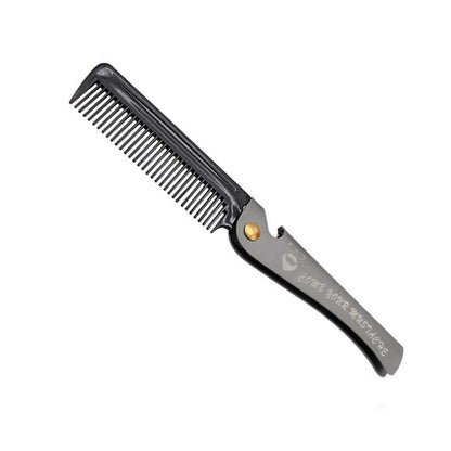 Folding beard styling comb with dark handle, metal blade, and fine teeth