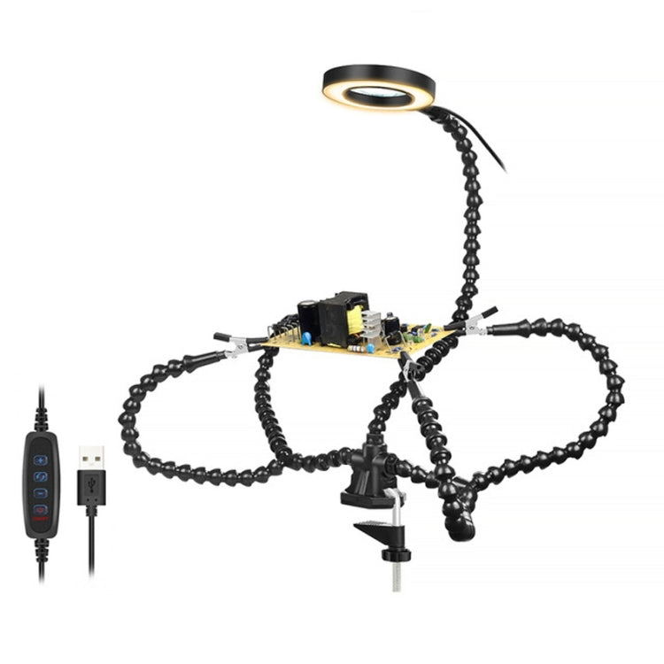Adjustable desktop soldering lamp with black flexible arms and four claw-style clamps