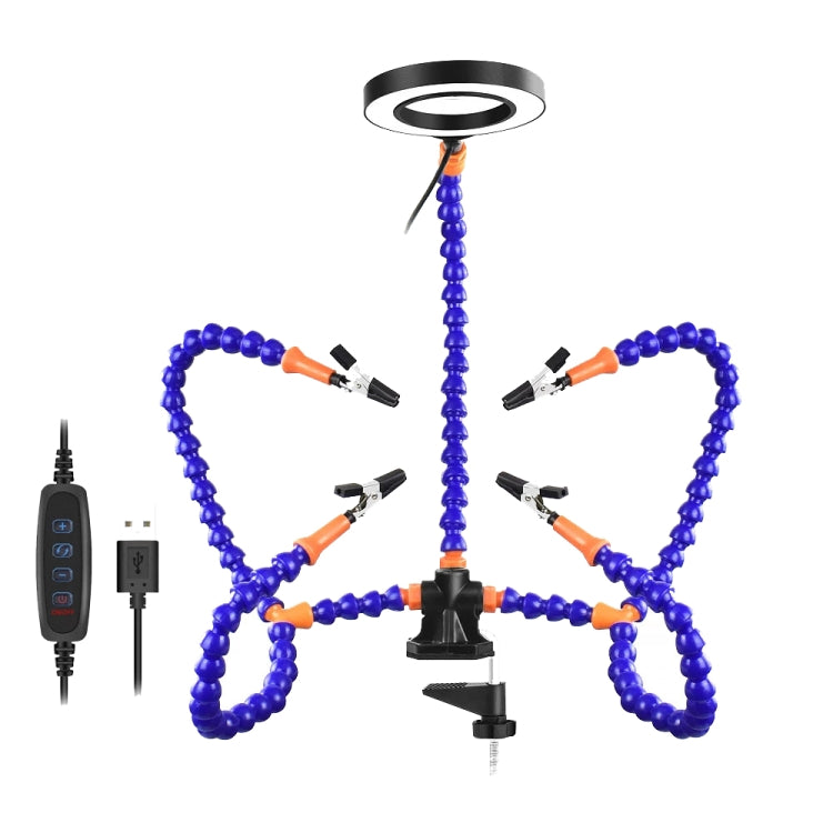 Adjustable desktop soldering lamp with blue flexible arms and four claw-style holders