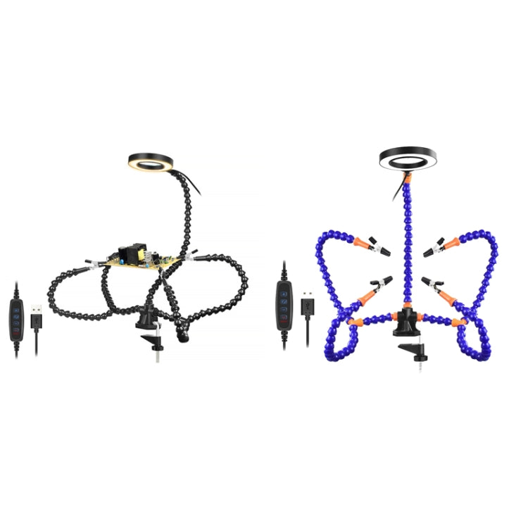 Adjustable desktop soldering lamp stand shown in black and blue with four claw-style clamps