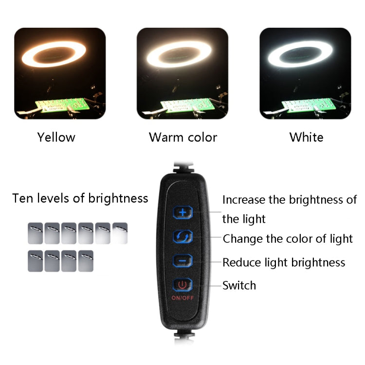 Adjustable soldering lamp LED ring with black brightness controller and blue buttons