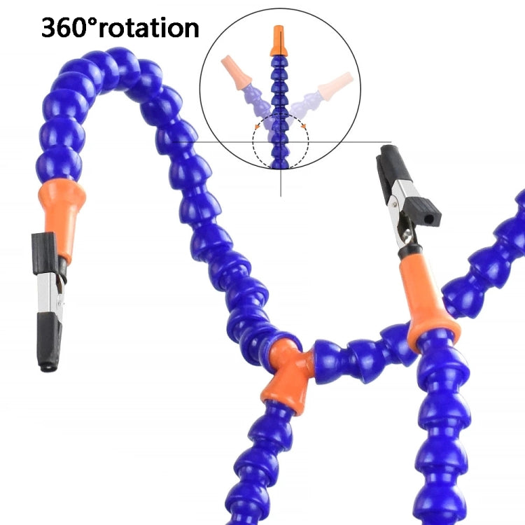 Blue flexible soldering lamp arms with orange tips and alligator-style clamp heads