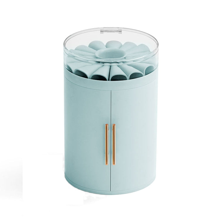 Blue five-layer jewelry storage box with clear lid and light-blue petal insert