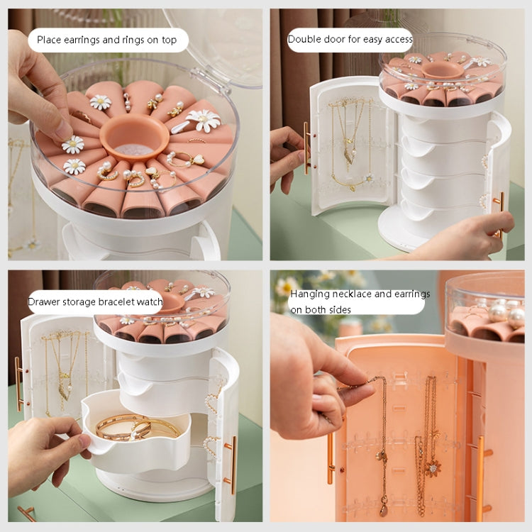 White multi-layer jewelry organizer with open compartments and gold-toned doors