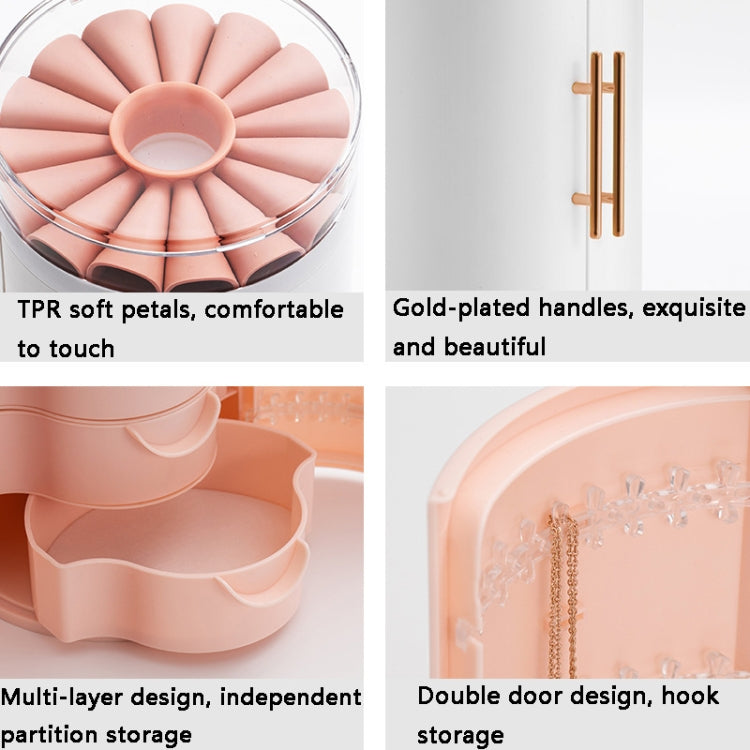 Pink petal-style jewelry tray with dual gold handles and clear open lid