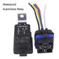 Automotive 5-pin waterproof relay showing wiring diagram and plug terminals