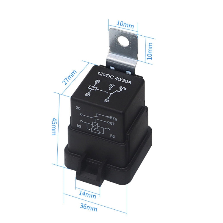 Automotive 5-pin waterproof relay with mounting bracket and size diagram