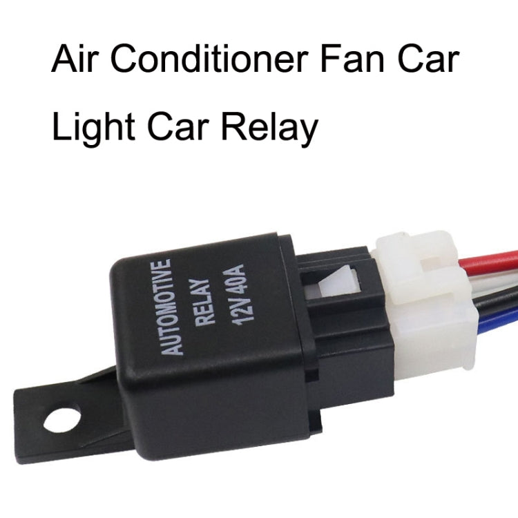 Automotive car relay with mounting tab, black housing, white connector, 12V 40A