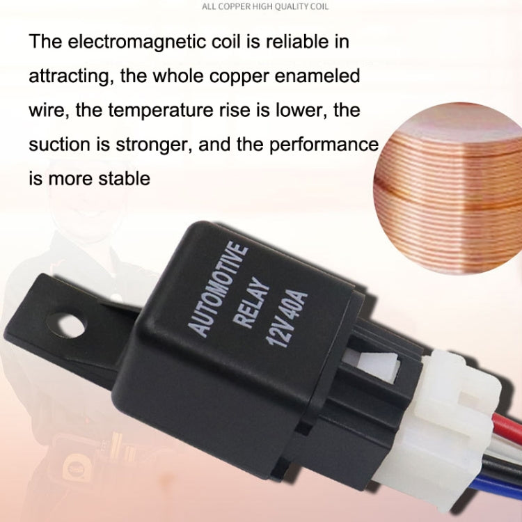 Automotive relay with wire plug and copper coil detail, black housing, 12V 40A