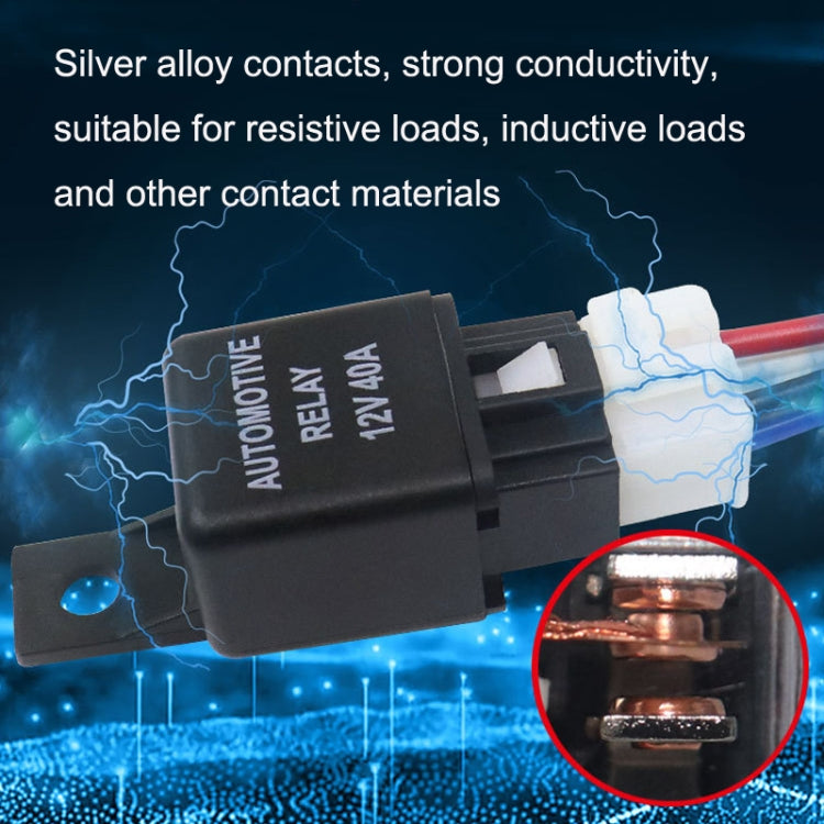 Automotive relay with contact detail inset, black housing and white plug, 12V 40A