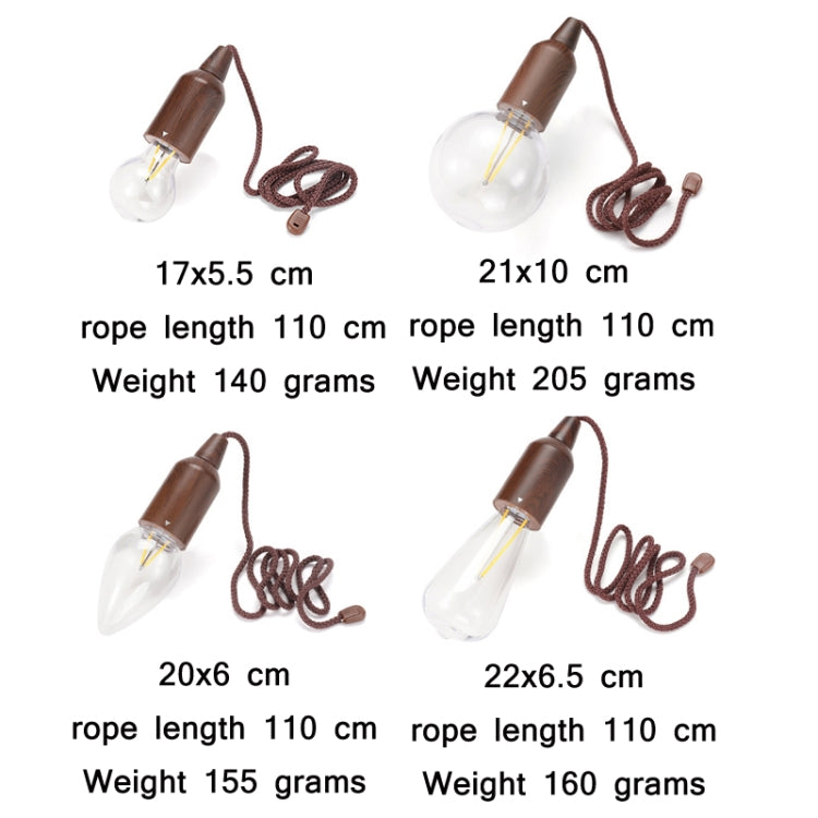 Brown pull-switch camping light bulbs with clear glass shades and cords