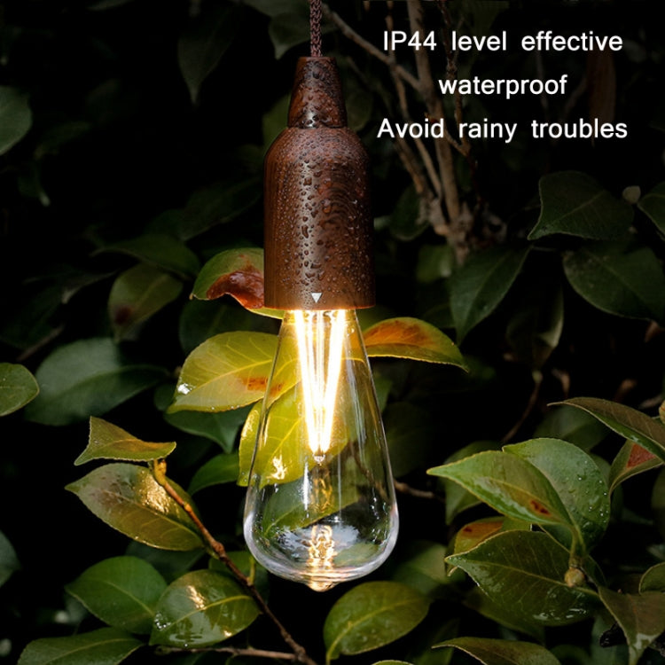 Clear glass pull-switch camping light bulb lit in a hanging setup outdoors