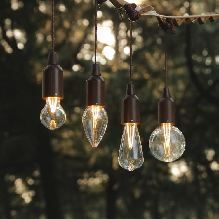 Set of lit brown pull-switch camping string lights with clear glass bulbs