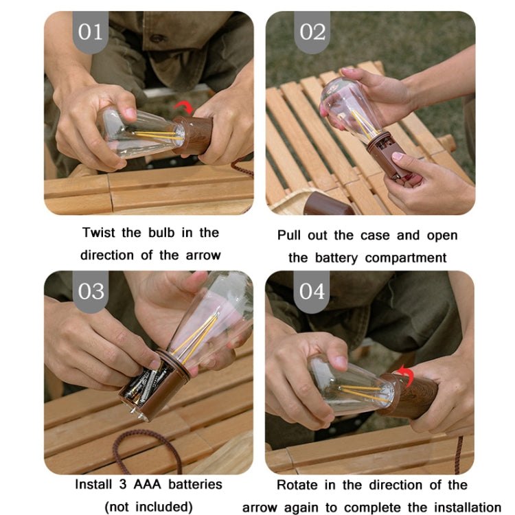 Hands open battery compartment of brown pull-switch camping light bulb