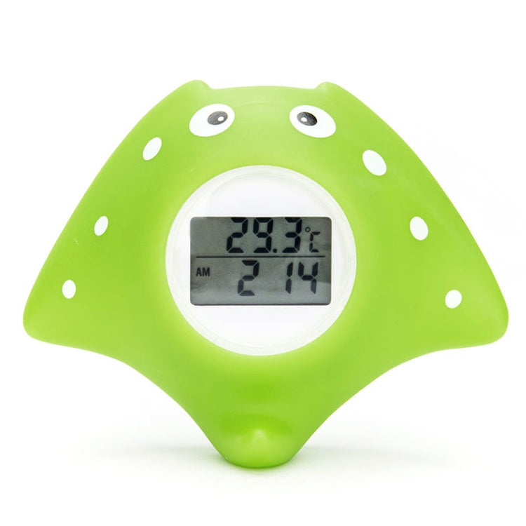 Green fish-shaped electronic water thermometer with round LCD display